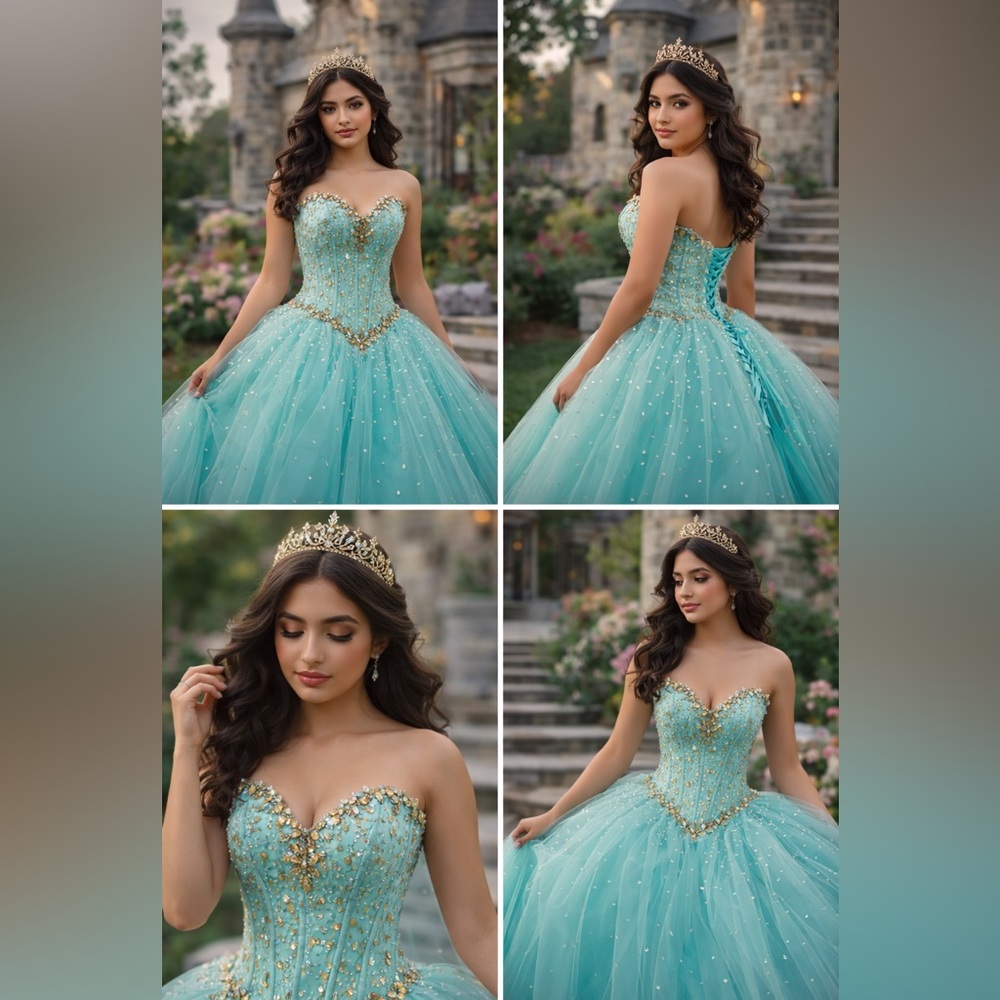 Morilee Madeline Gardner Aqua Beaded Ball Gown Corset Dress US 18